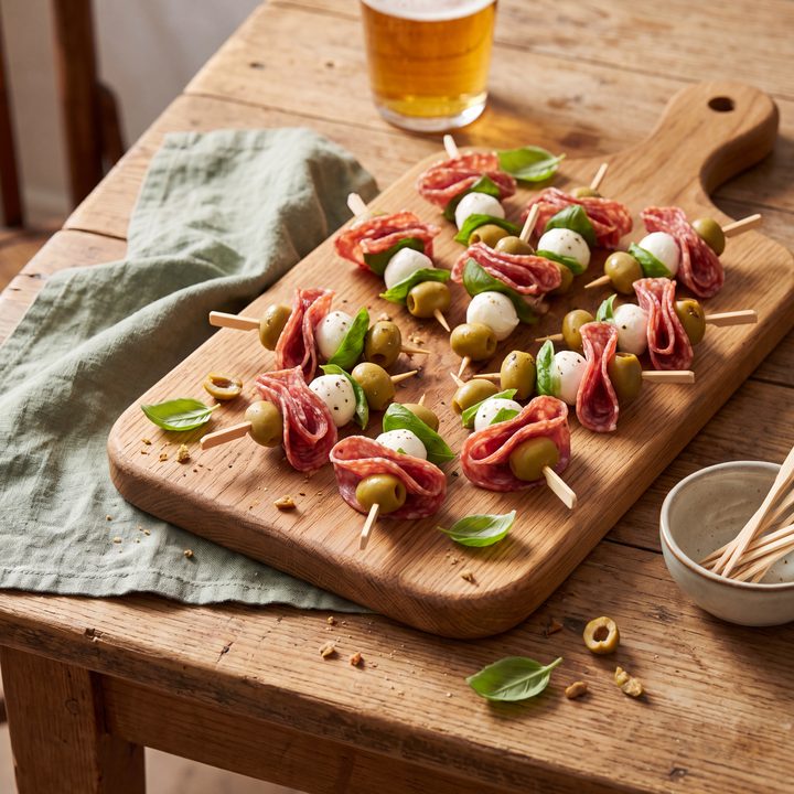 Salamiprikkers met mozzarella en olijf
