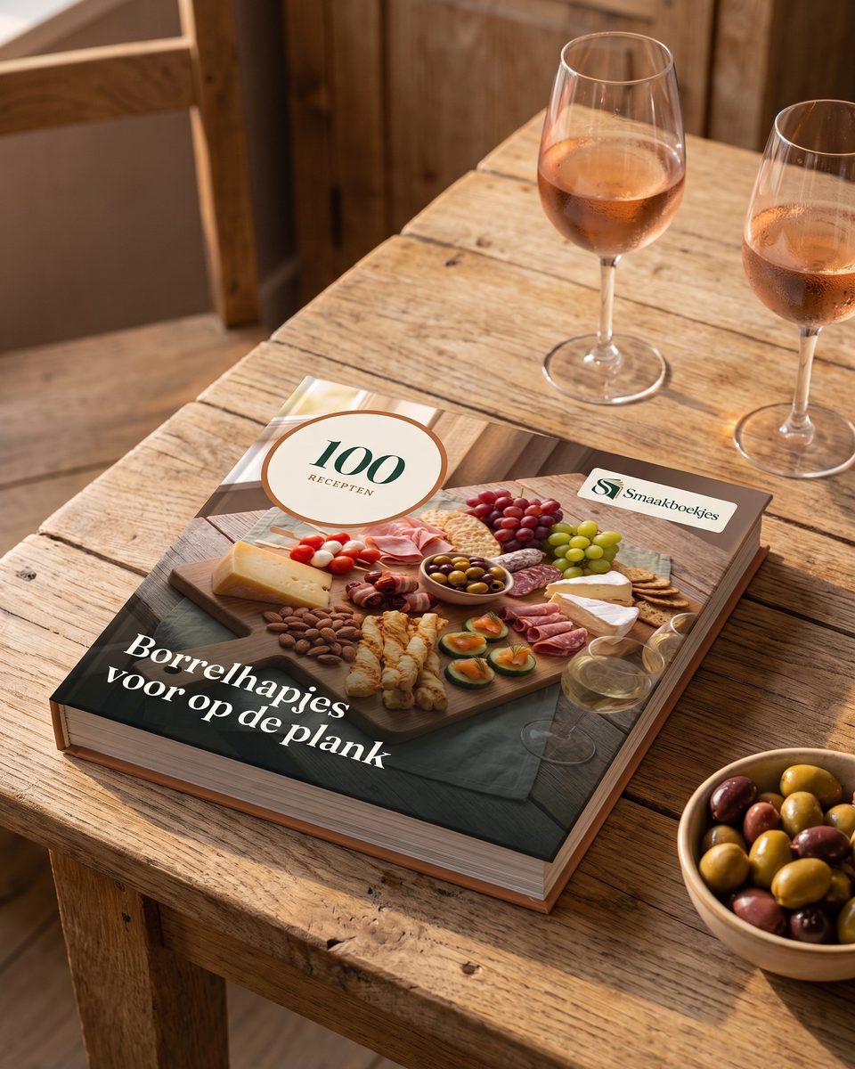 Het boek 100 Borrelhapjes voor op de plank op tafel