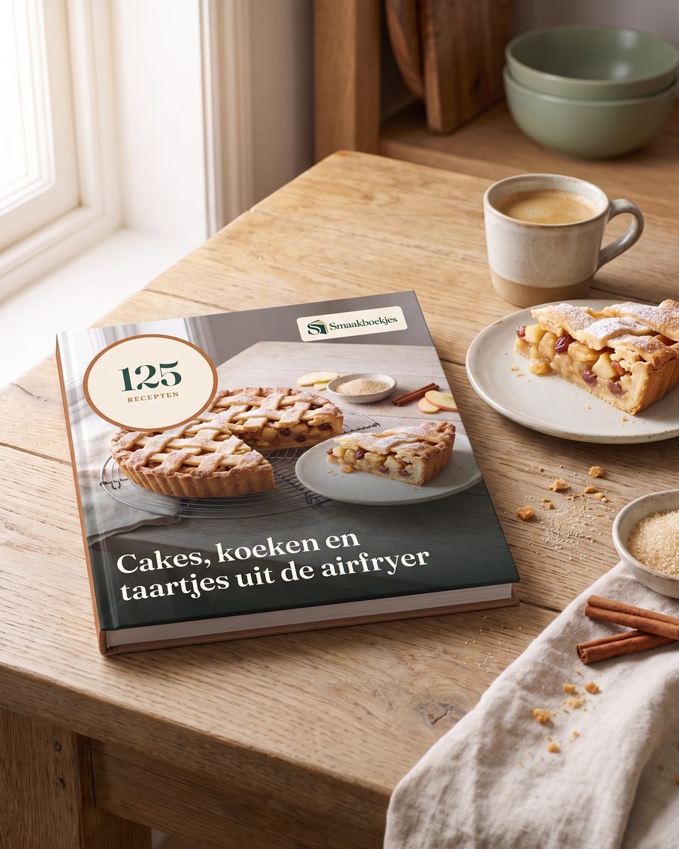 Het boek 125 Cakes, koeken en taartjes uit de airfryer op tafel