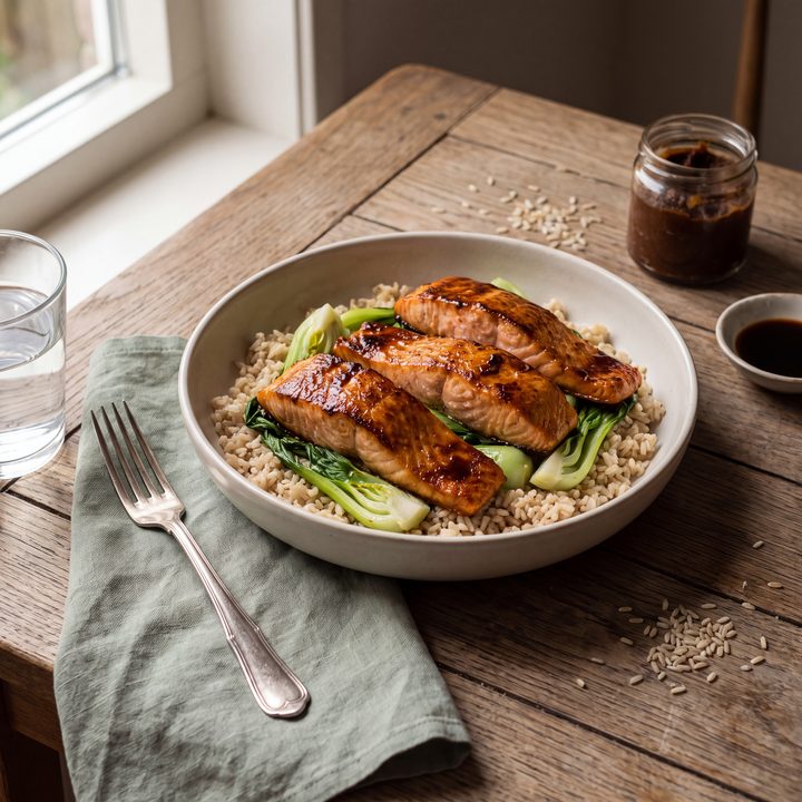 Zalm met miso-glazuur, rijst en paksoi