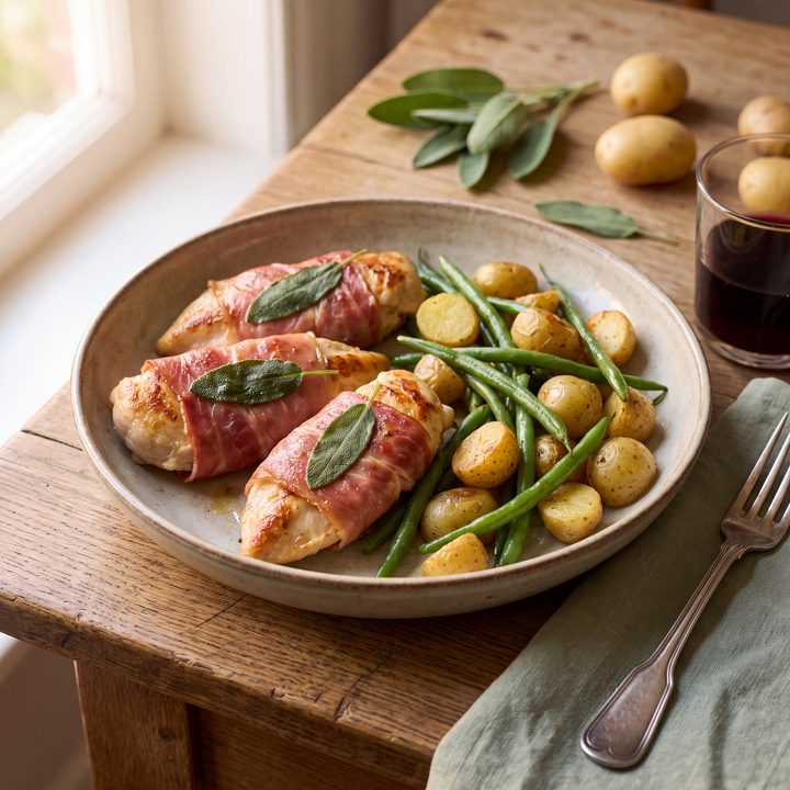 Kip saltimbocca met salie en gebakken krieltjes