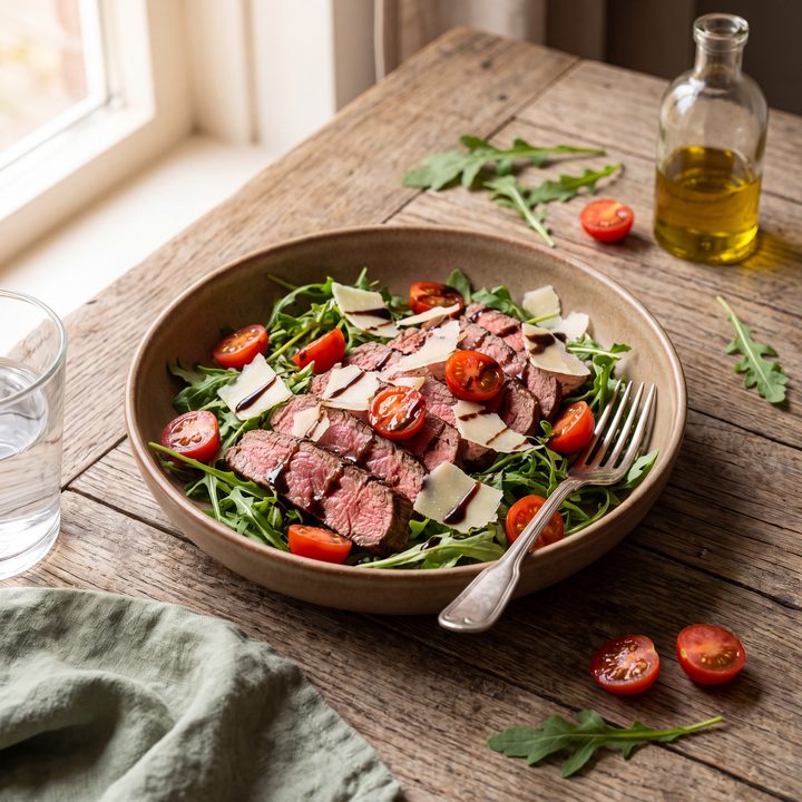 Biefstuk op rucola met Parmezaan en tomaatjes