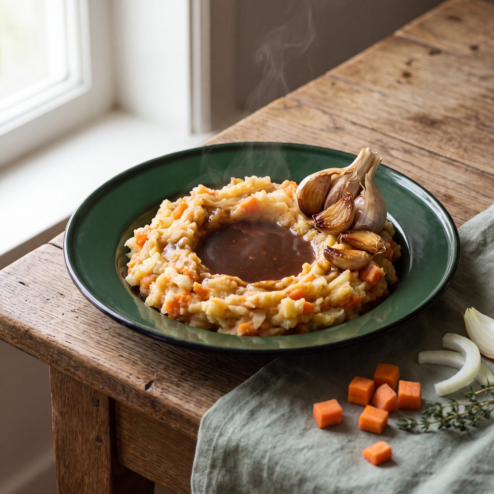 Hutspot met geroosterde knoflook