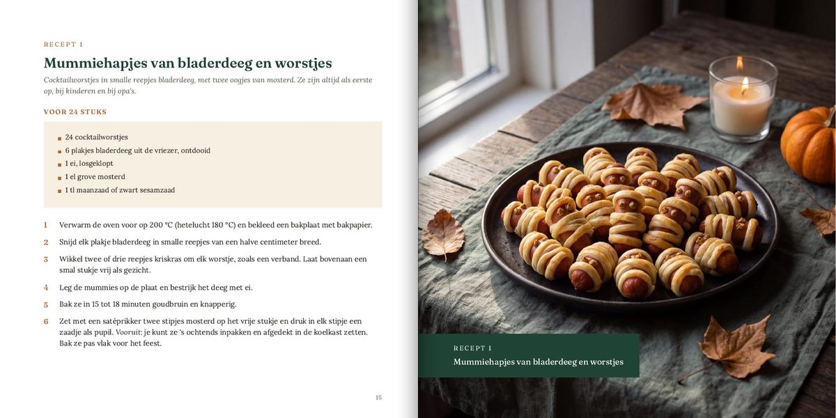 Twee bladzijden uit het boek: een recept met de foto ernaast