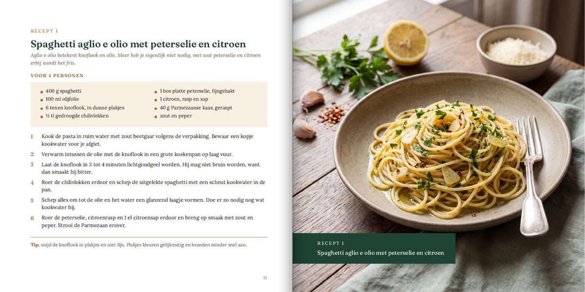 Twee bladzijden uit het boek: een recept met de foto ernaast