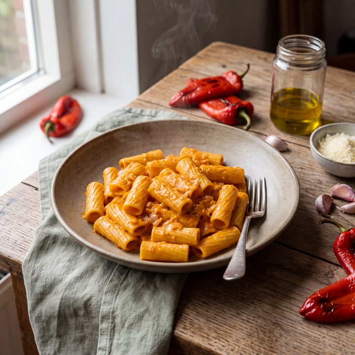 Rigatoni met geroosterde paprika en room