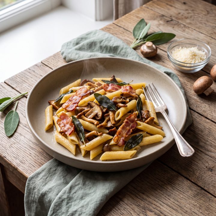 Penne met spek, paddenstoelen en salie
