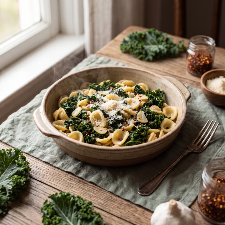 Pasta met boerenkool, knoflook en Parmezaan