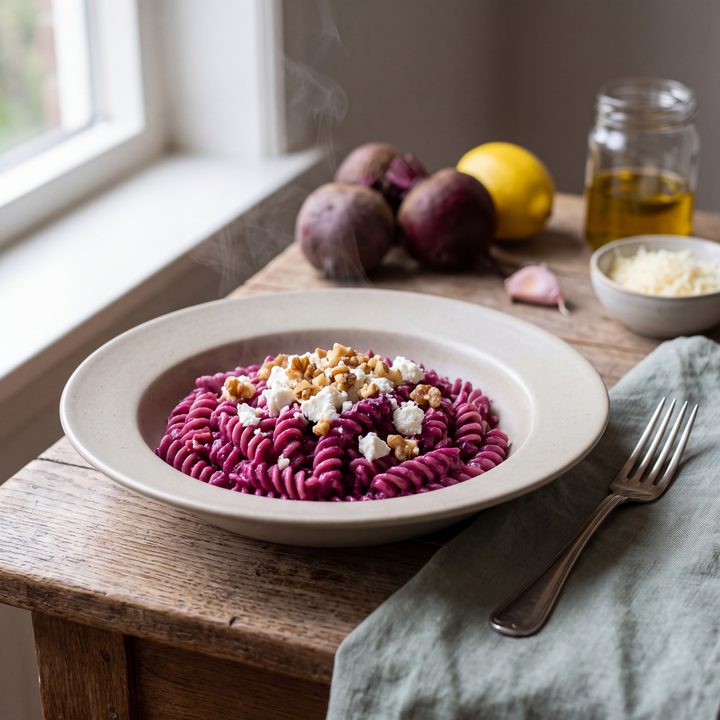 Pasta met rode-bietensaus en geitenkaas