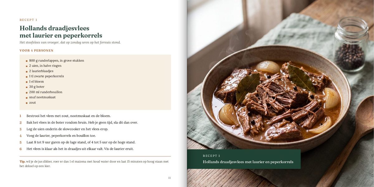 Twee bladzijden uit het boek: een recept met de foto ernaast