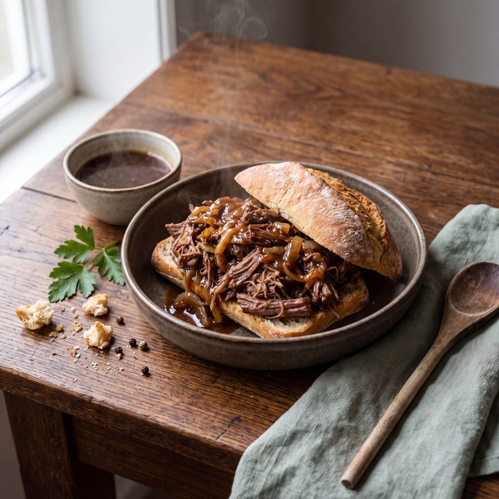 Pulled beef met uien en jus op broodjes