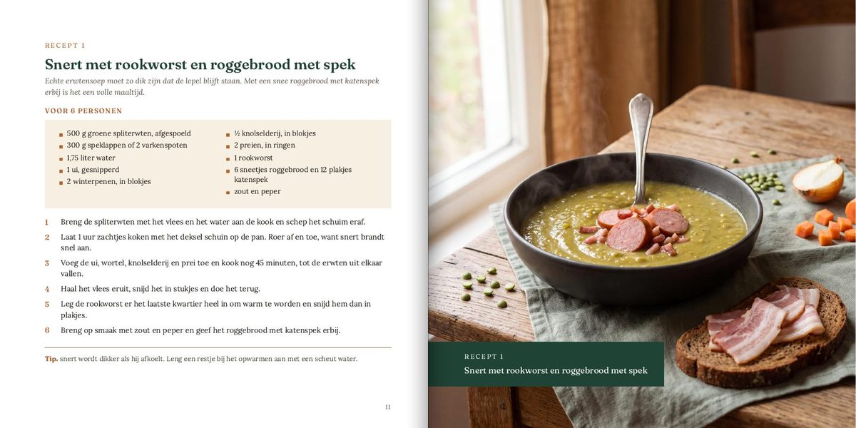 Twee bladzijden uit het boek: een recept met de foto ernaast