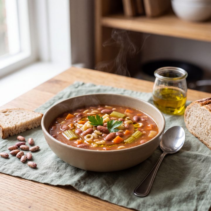 Bonensoep met pasta en tomaat