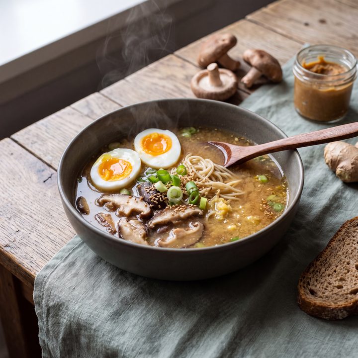 Noedelsoep met miso, paddenstoelen en ei