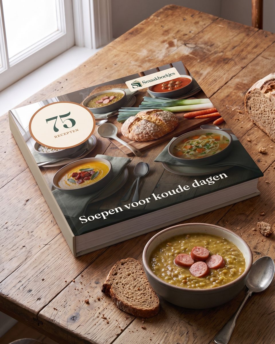 Het boek 75 Soepen voor koude dagen op tafel