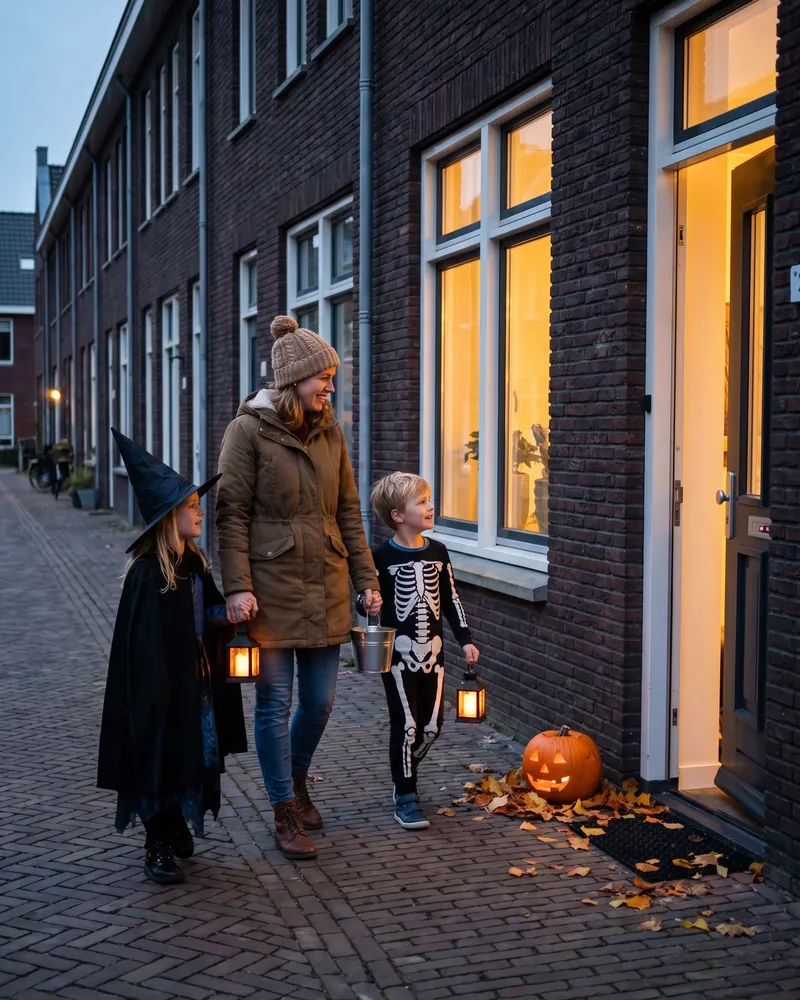 Moeder met twee verklede kinderen en lampionnetjes op weg naar een voordeur