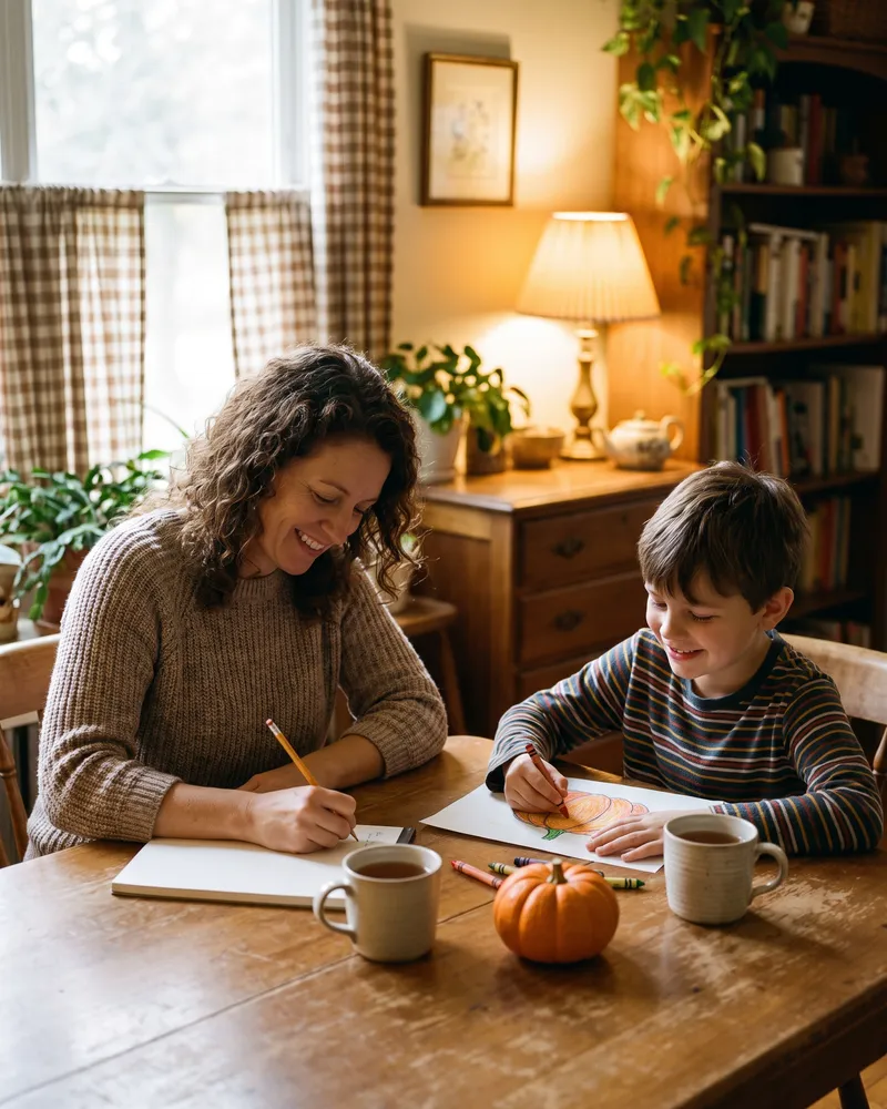 Moeder en zoon maken aan de keukentafel een plan voor Halloween