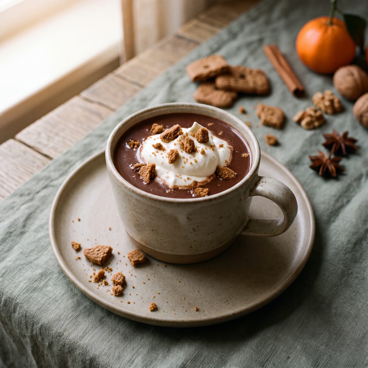 Chocolademelk met speculaas en slagroom