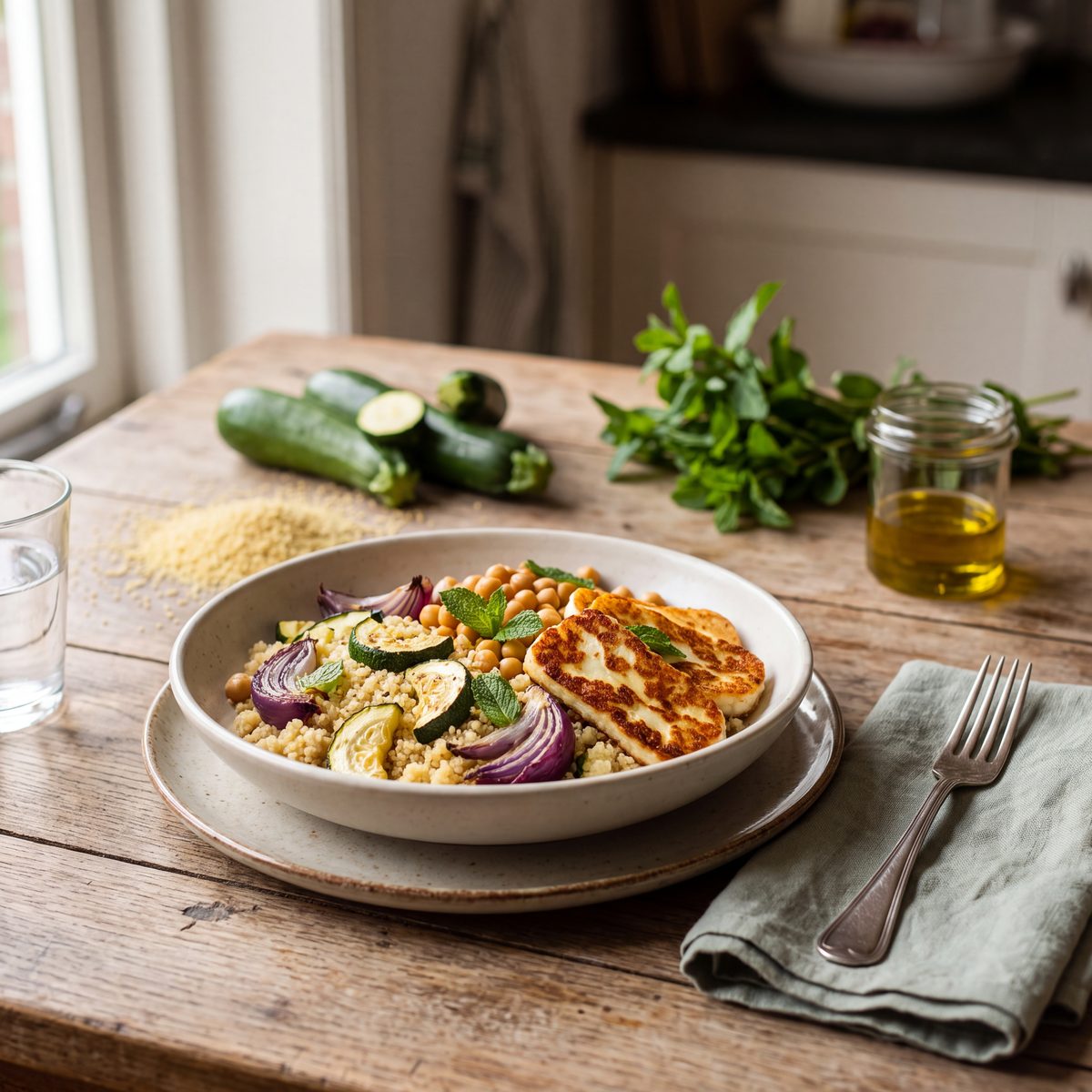 Halloumi met couscous, courgette en munt