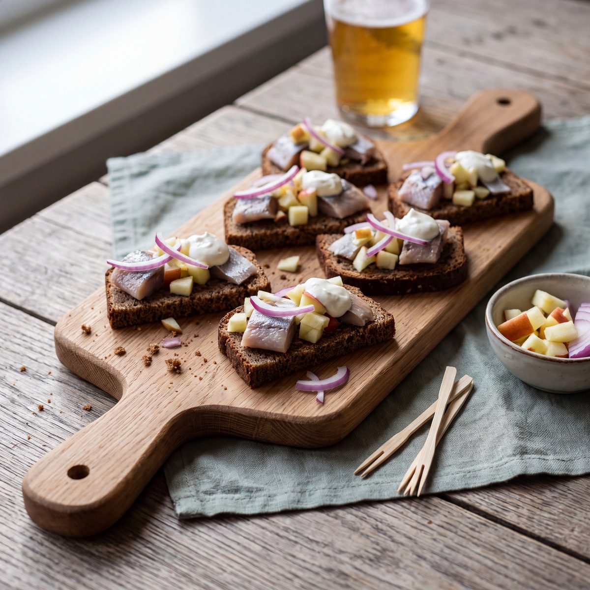 Haring op roggebrood met appel en rode ui