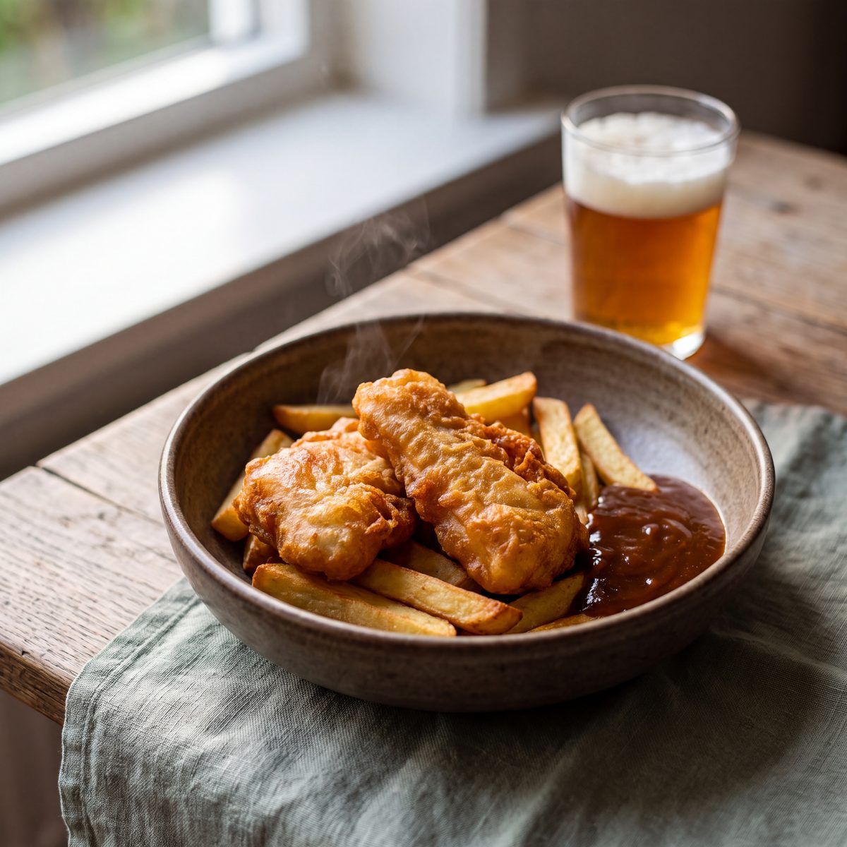 Kabeljauw in bierbeslag met dikke frieten