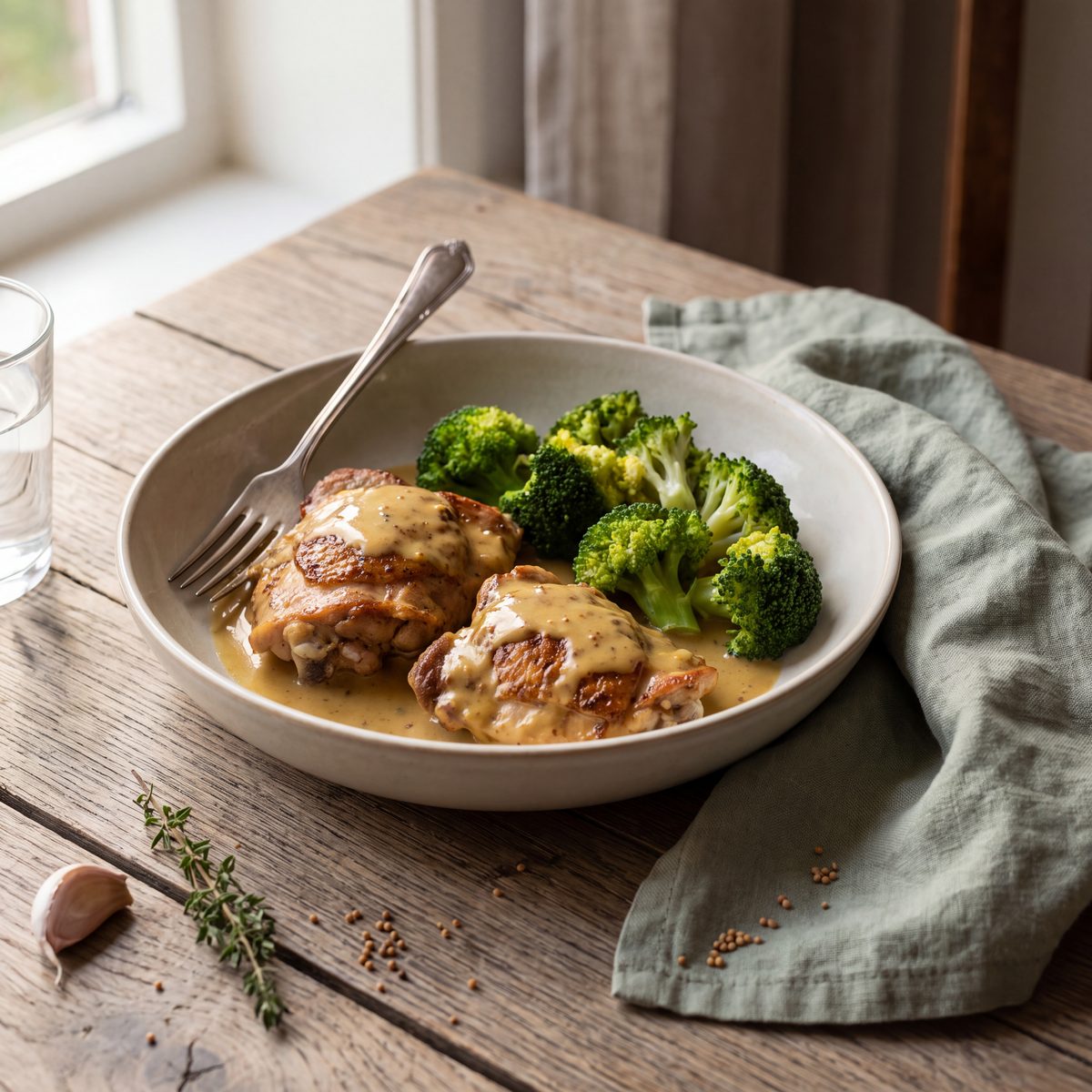Kippendijen met honing-mosterdsaus en broccoli