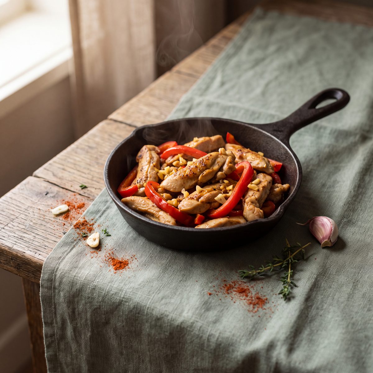 Kippendijreepjes met knoflook en paprika