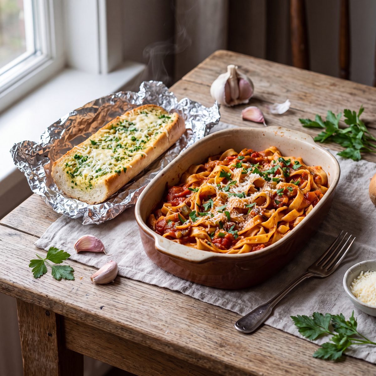 Knoflookbrood bij de pasta