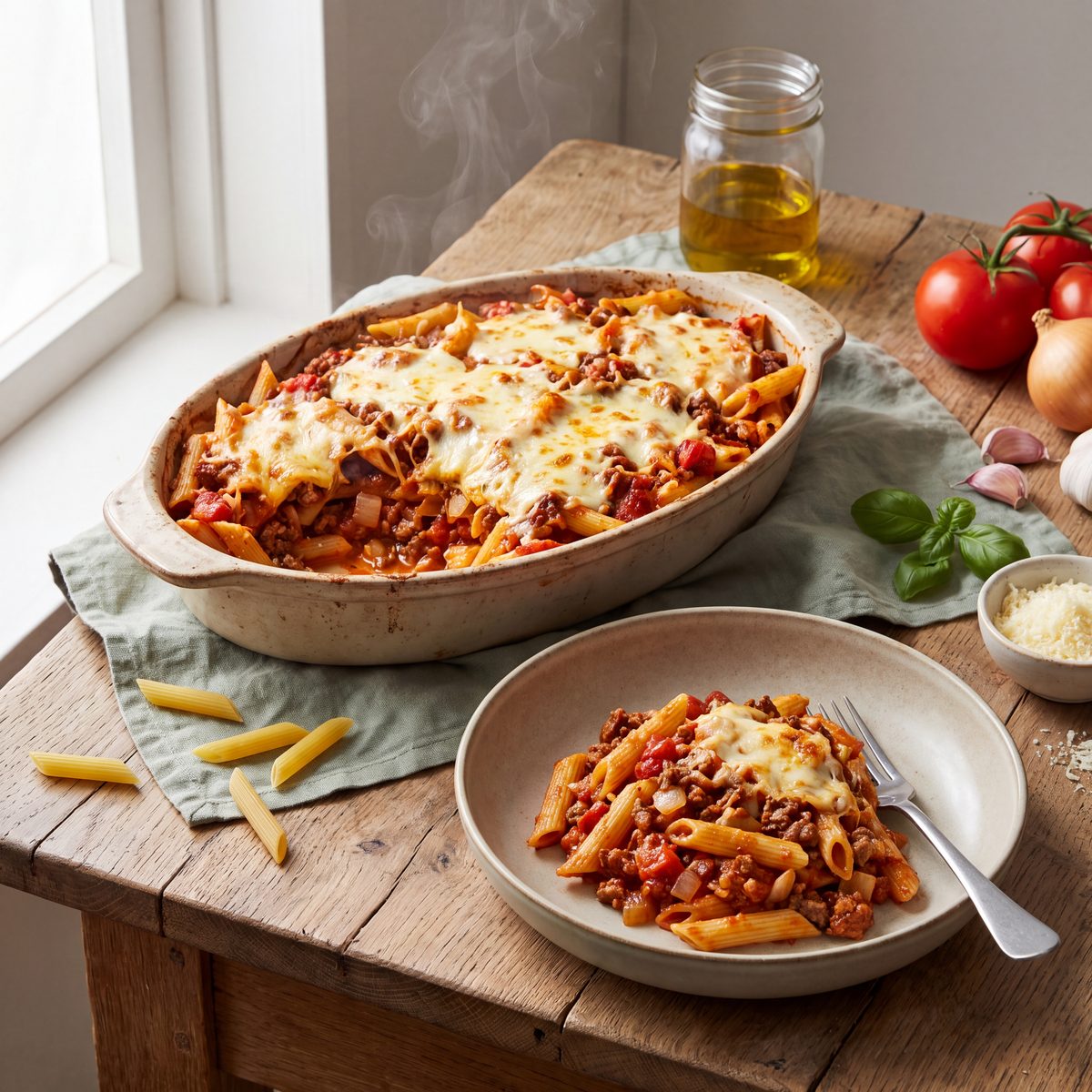 Ovenpasta met gehakt, tomaat en mozzarella