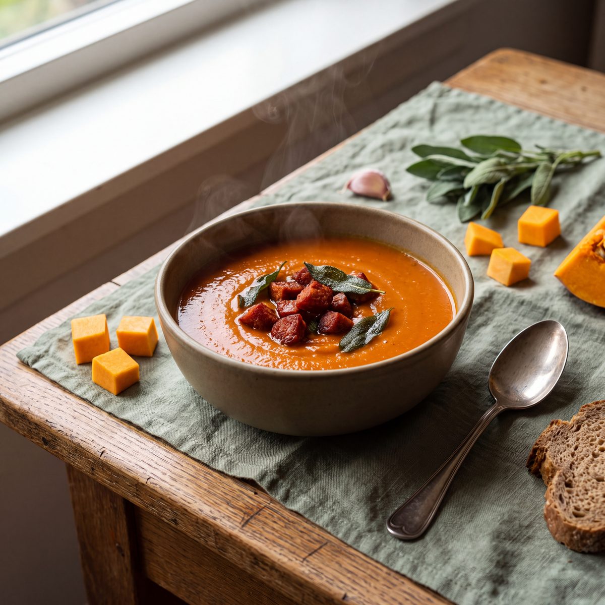 Pompoensoep met gebakken chorizo en salie