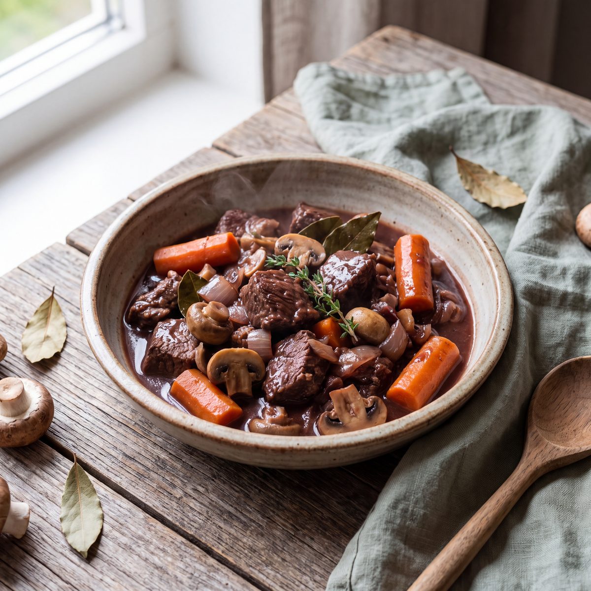 Runderstoof met rode wijn en champignons