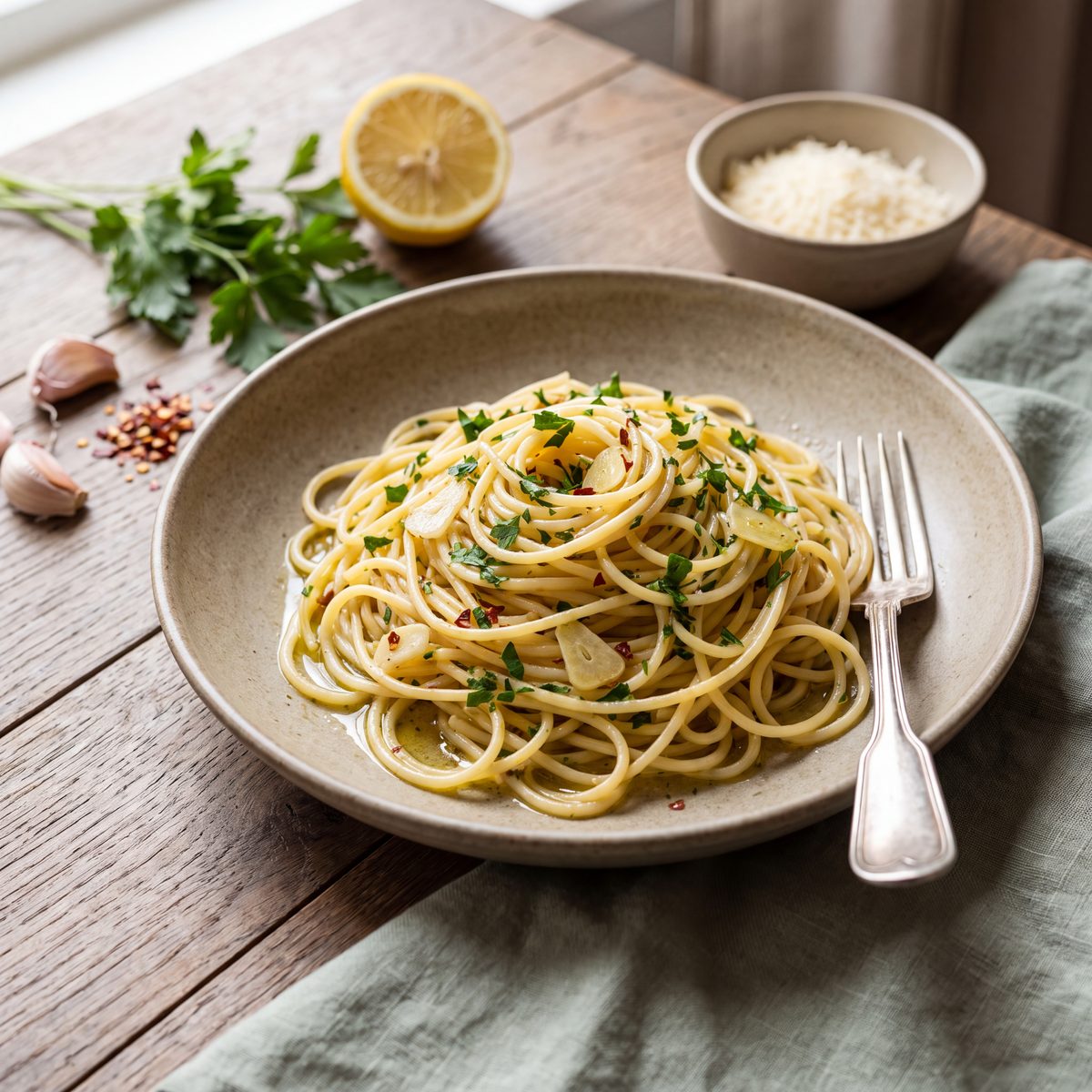 Spaghetti aglio e olio met peterselie en citroen
