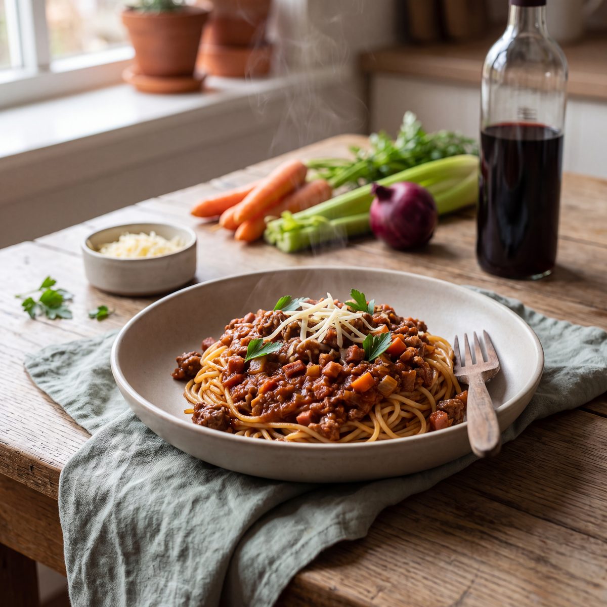 Spaghetti bolognese die drie uur pruttelt