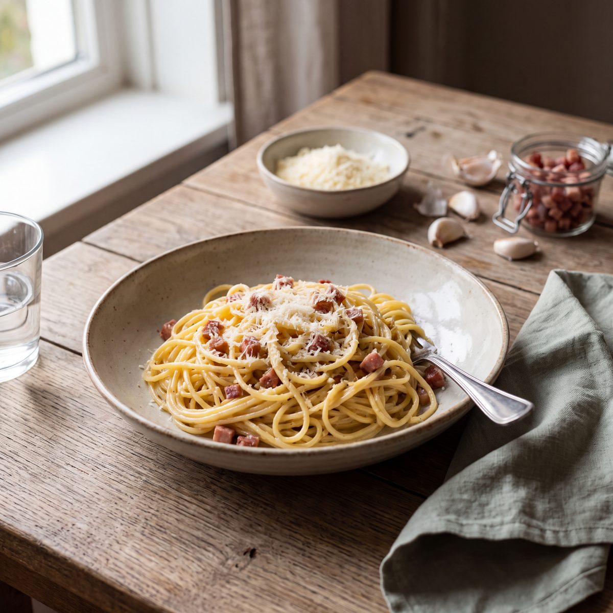 Spaghetti carbonara met spekblokjes