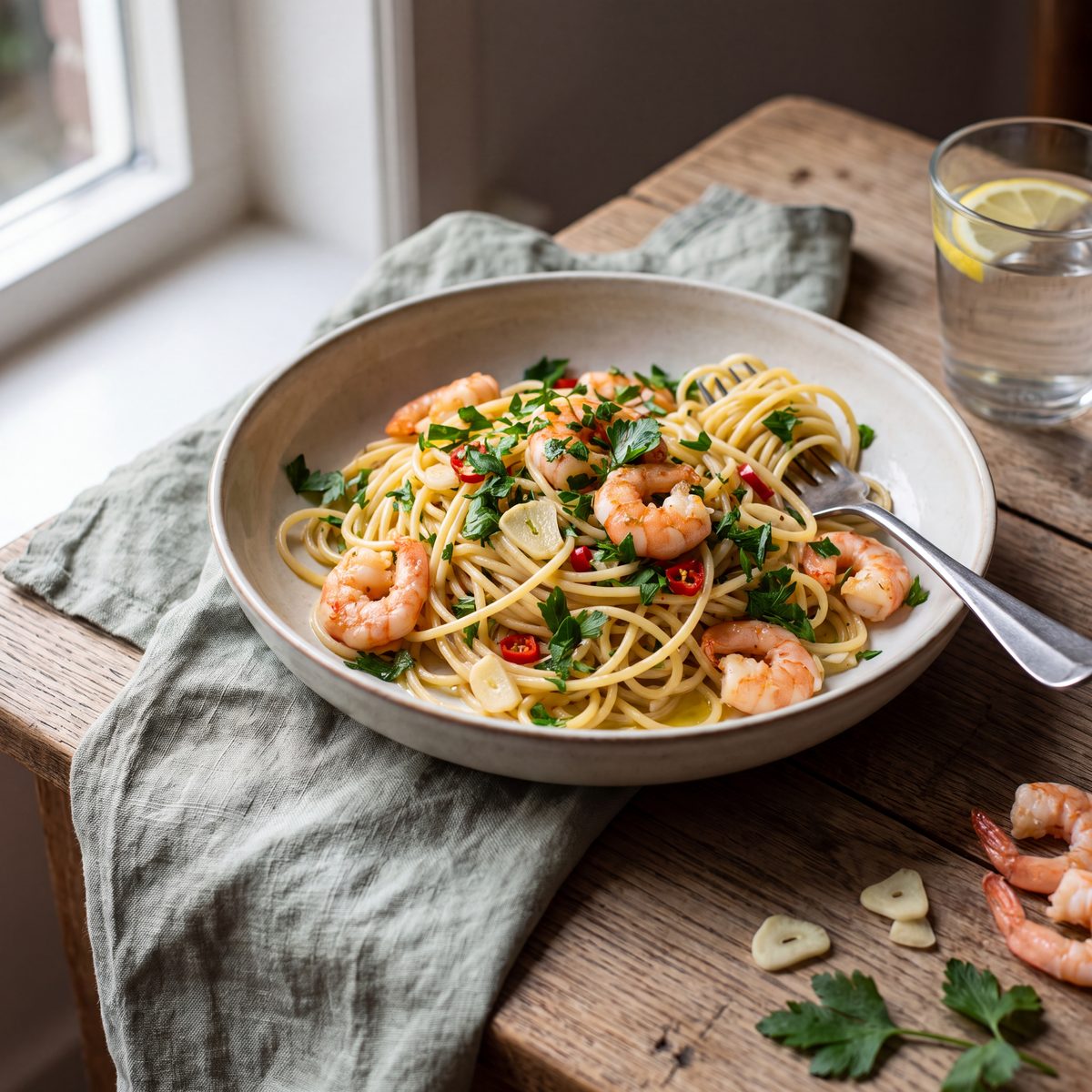 Spaghetti met garnalen, knoflook en peterselie