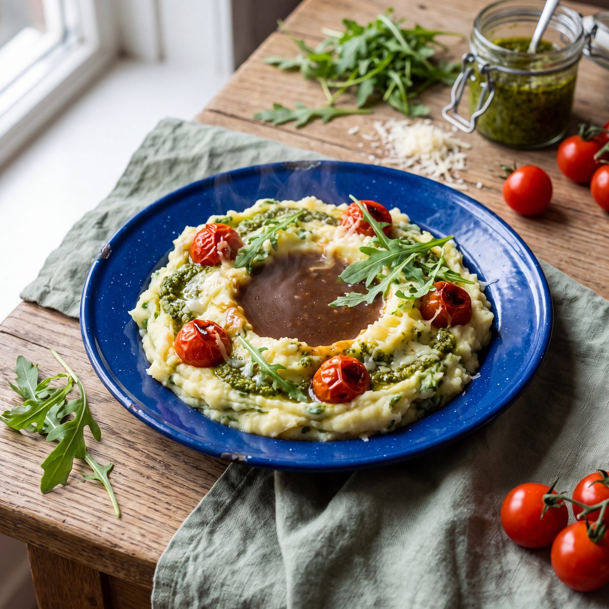 Stamppot met pesto en geroosterde tomaat
