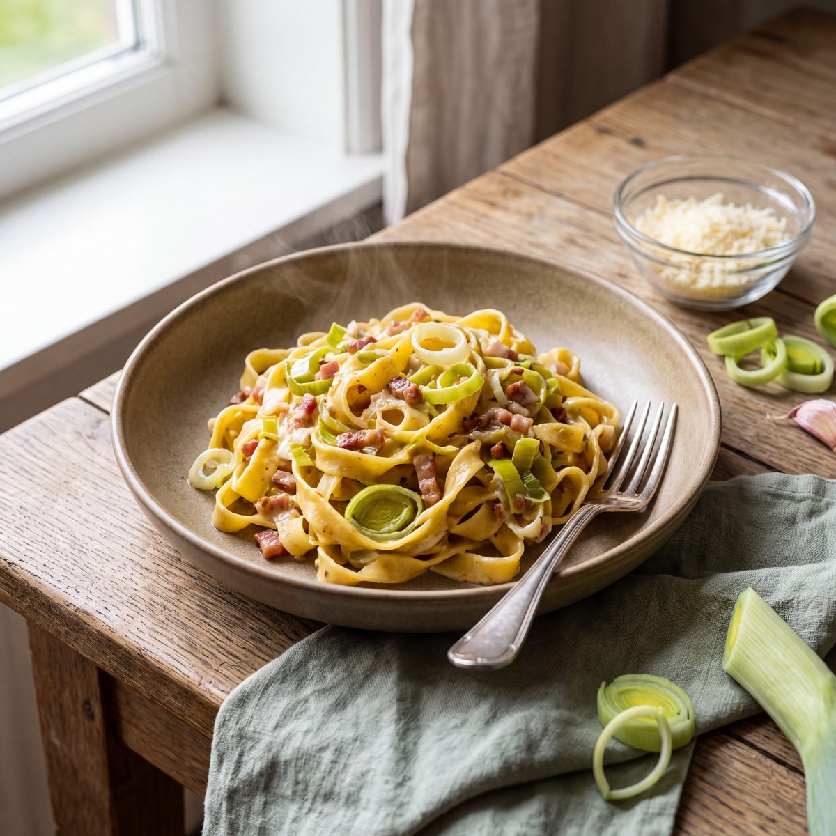 Tagliatelle met spekjes, prei en room