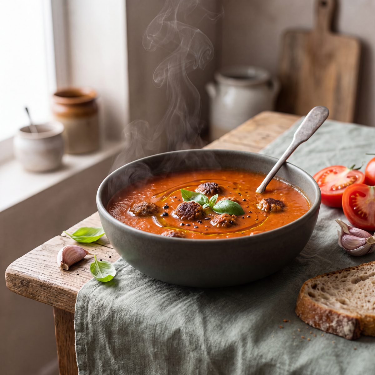 Tomatensoep van geroosterde tomaten met soepballetjes